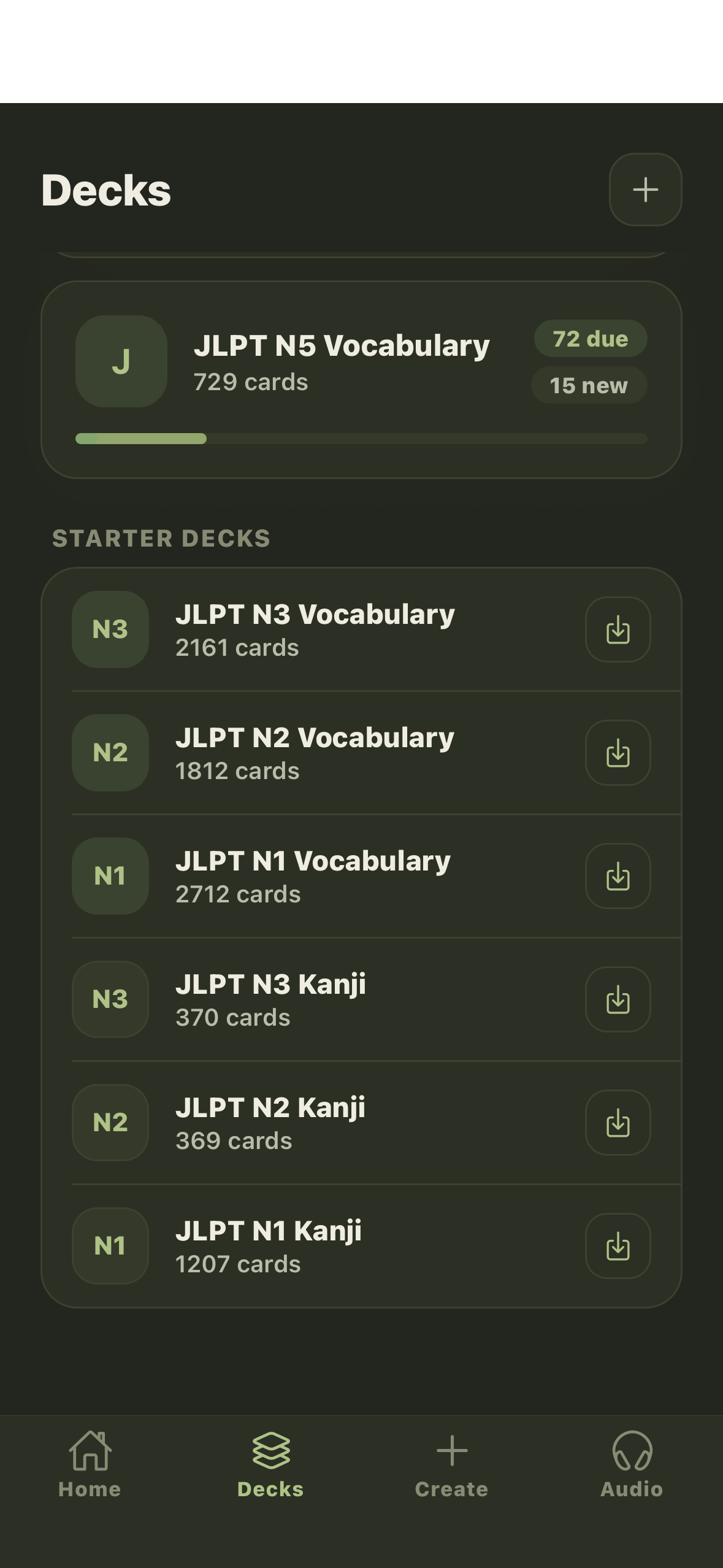 Cleo deck browser showing JLPT-organized kanji and vocabulary decks.