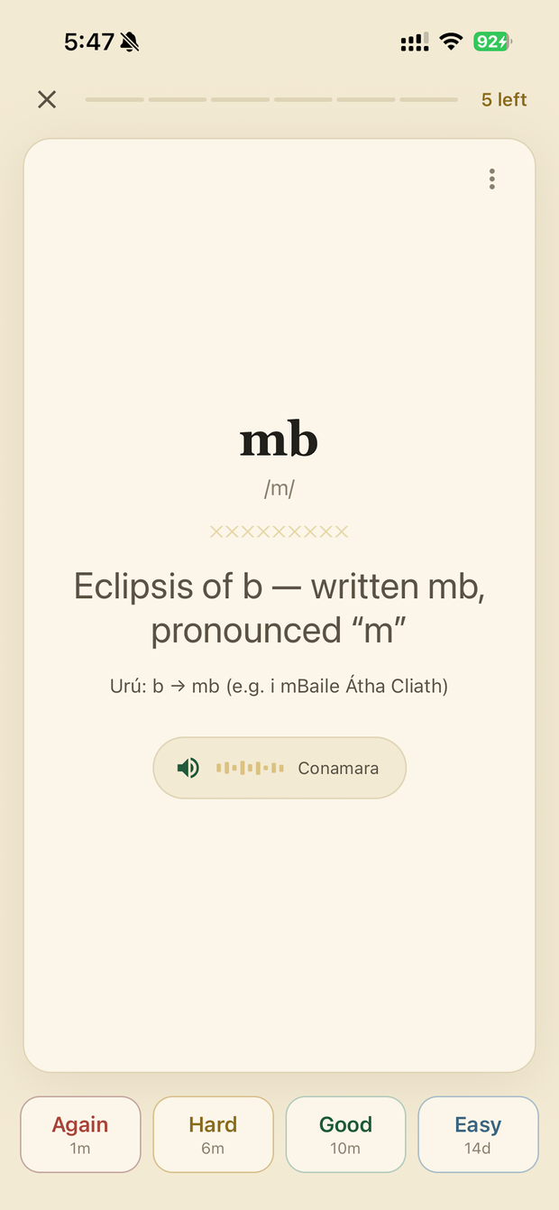 Eirelingo review session — an Irish grammar card with Again, Hard, Good and Easy grading buttons.