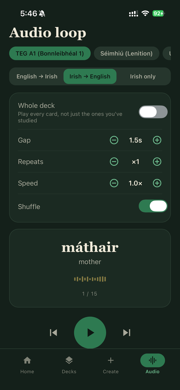 Eirelingo audio loop screen playing 'máthair' with English → Irish controls.