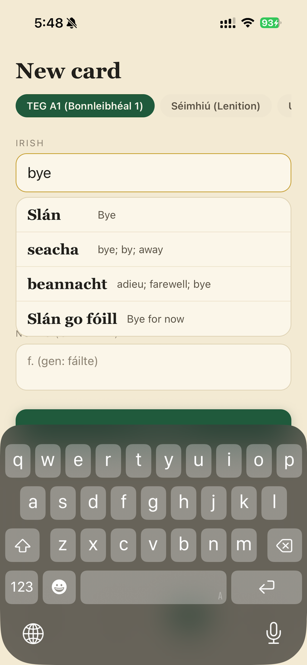 Eirelingo new-card screen with dictionary autocomplete suggesting Irish translations.