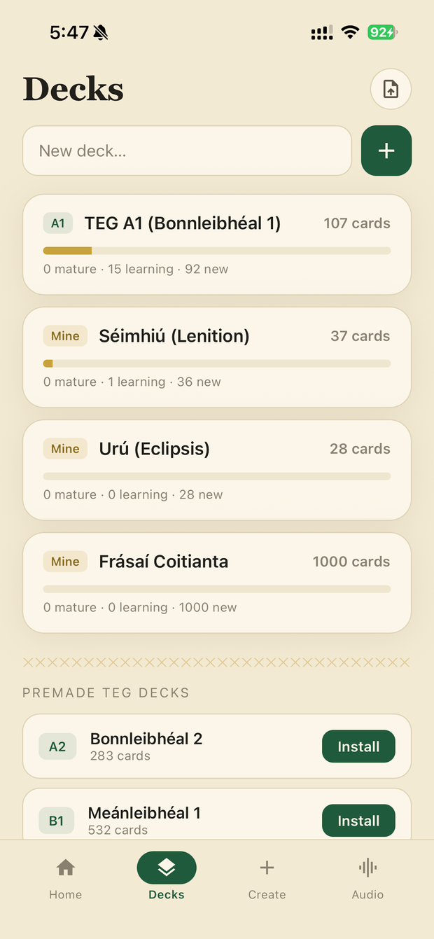 Eirelingo decks list with TEG levels and premade decks to install.