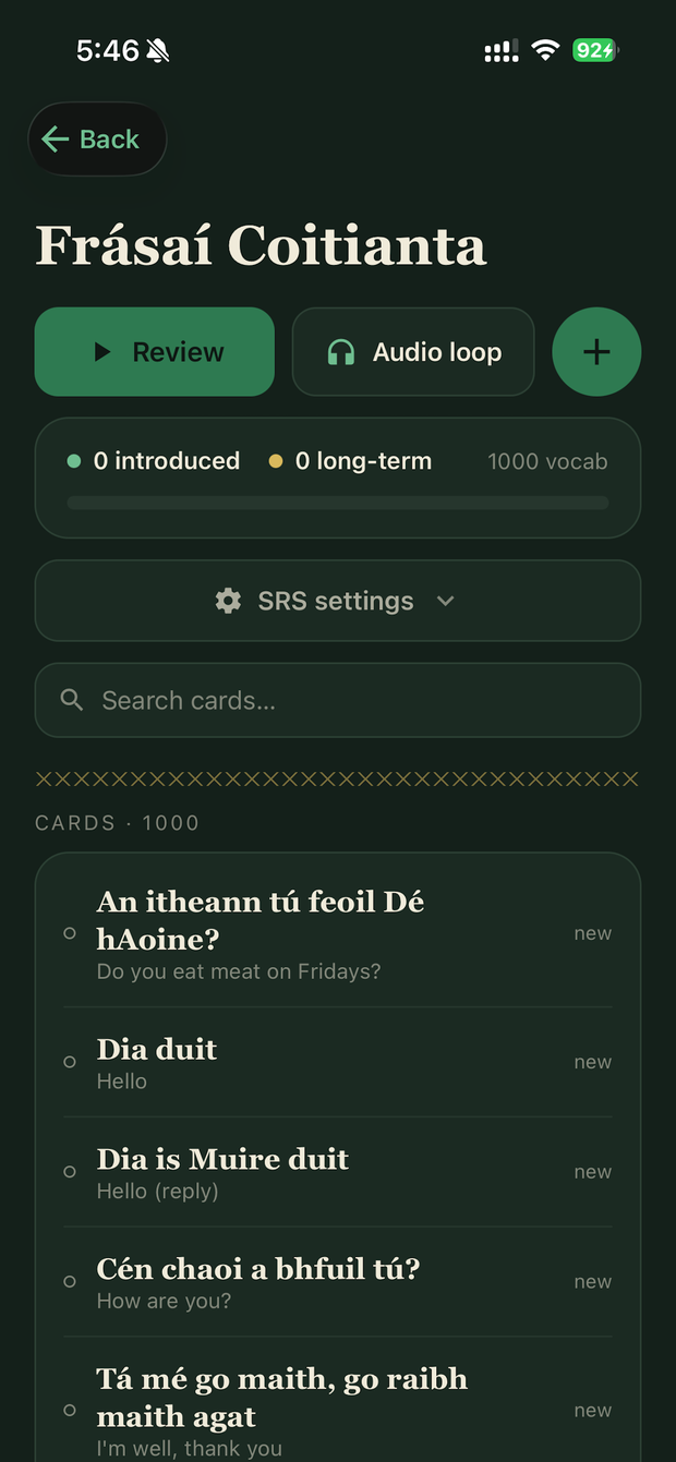 Eirelingo deck overview — Frásaí Coitianta with progress and card list.