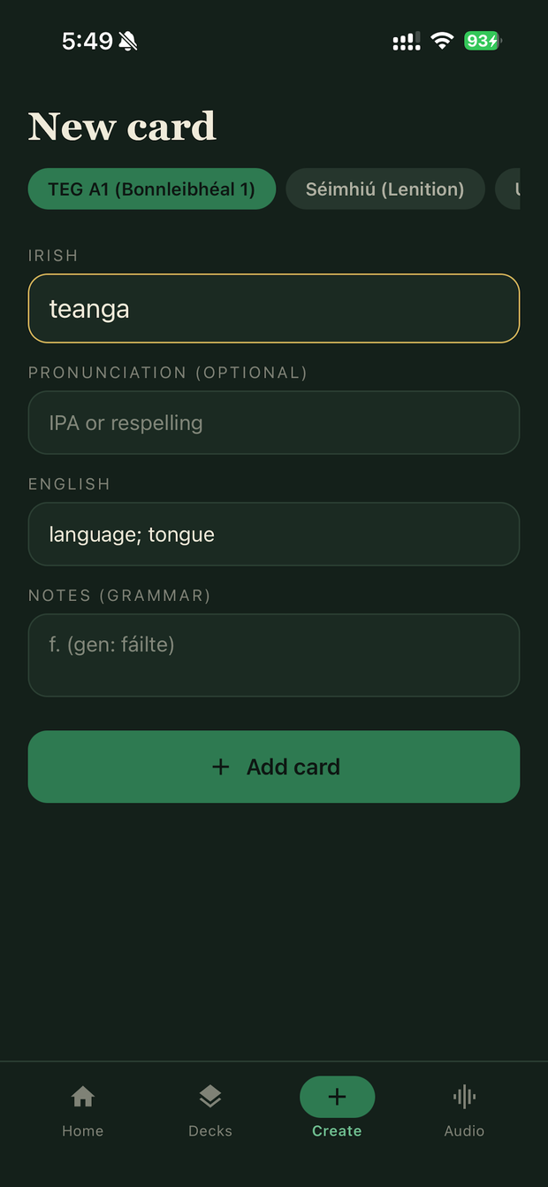 Eirelingo new-card form with Irish, pronunciation, English and grammar notes.